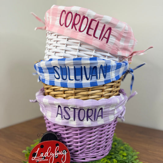 Embroidered Personalized Easter Wicker Basket  - Pink/Blue Gingham