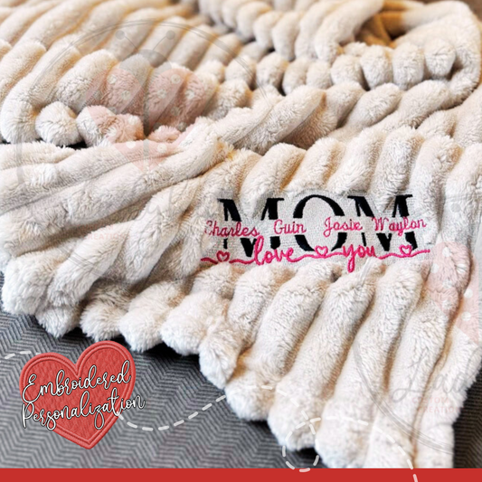 Personalized Plush Throw Blanket for Mom – Embroidered "Love You" Message with Custom Kids' Names & Soft Plush Fleece