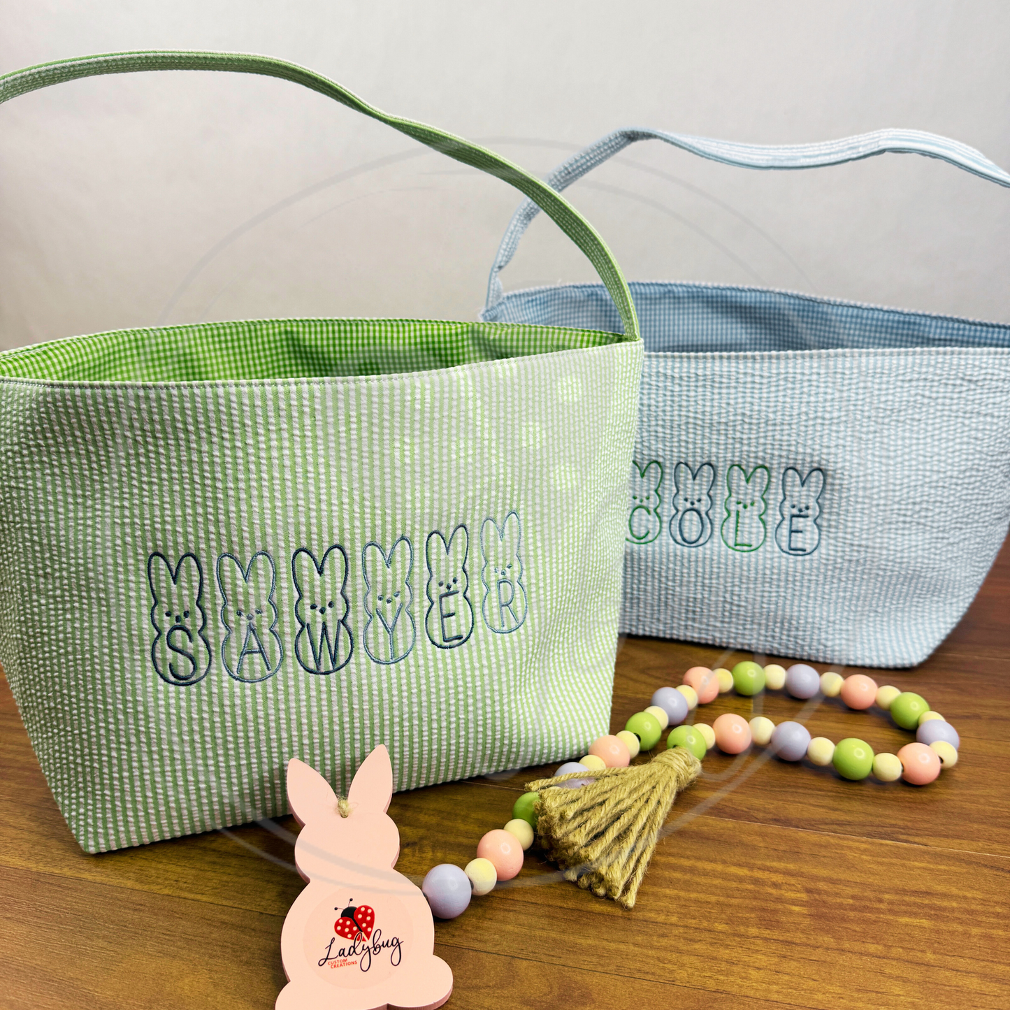 Personalized Seersucker Embroidered Striped Easter Bag Basket Bucket Tote