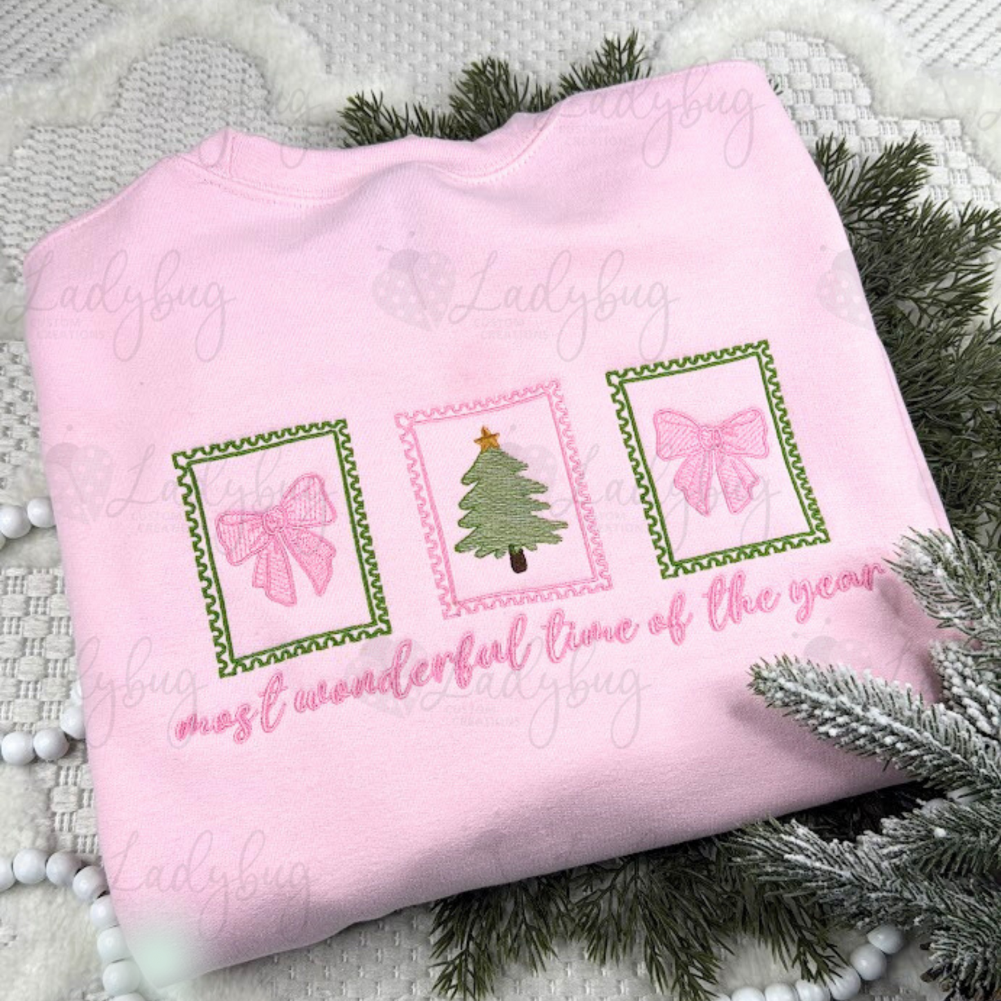 Coquette Bow Christmas Sweatshirt – Pink Bow Embroidered Postage Stamp Crewneck