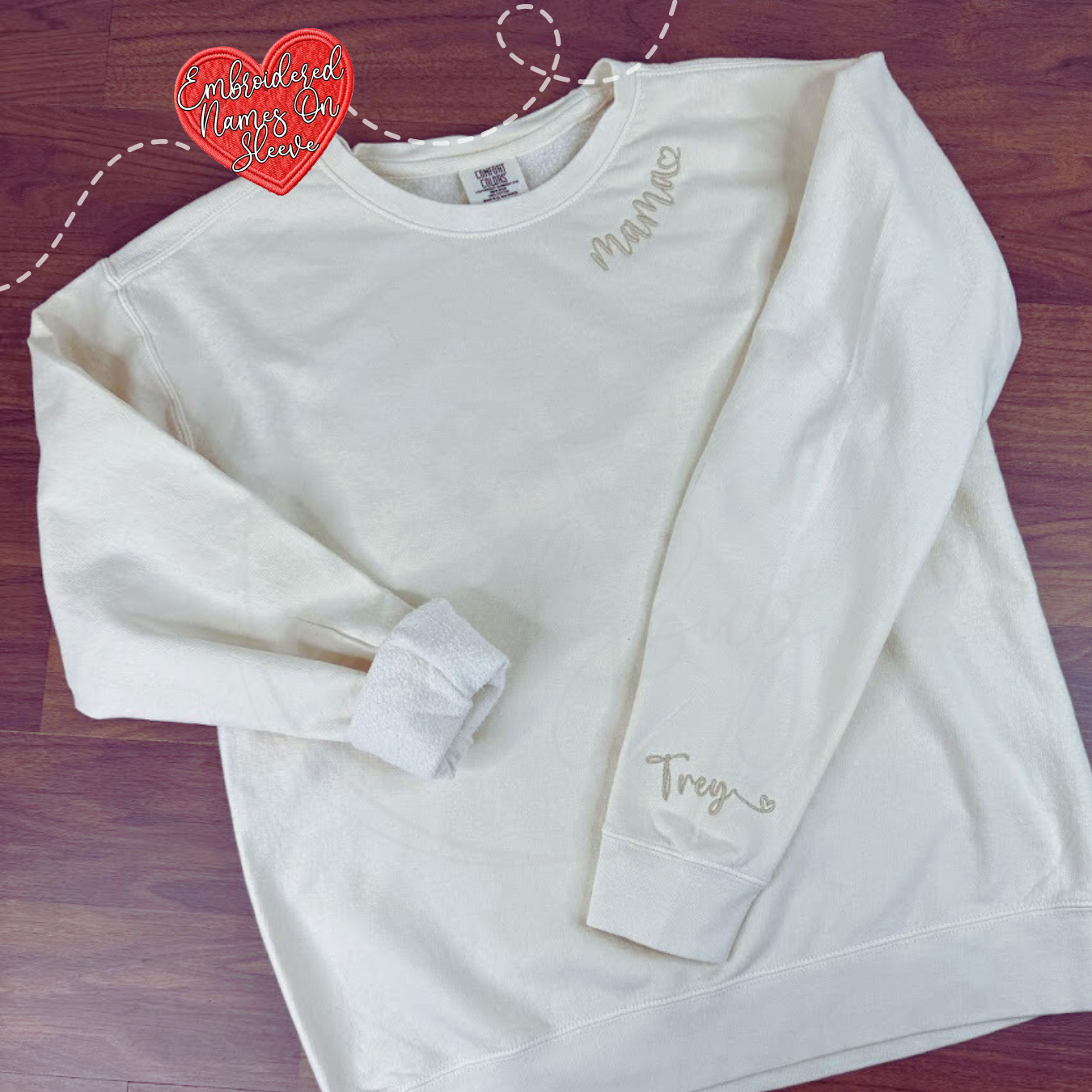 Embroidered MAMA Neckline Sweatshirt with Names On Sleeve - Gildan