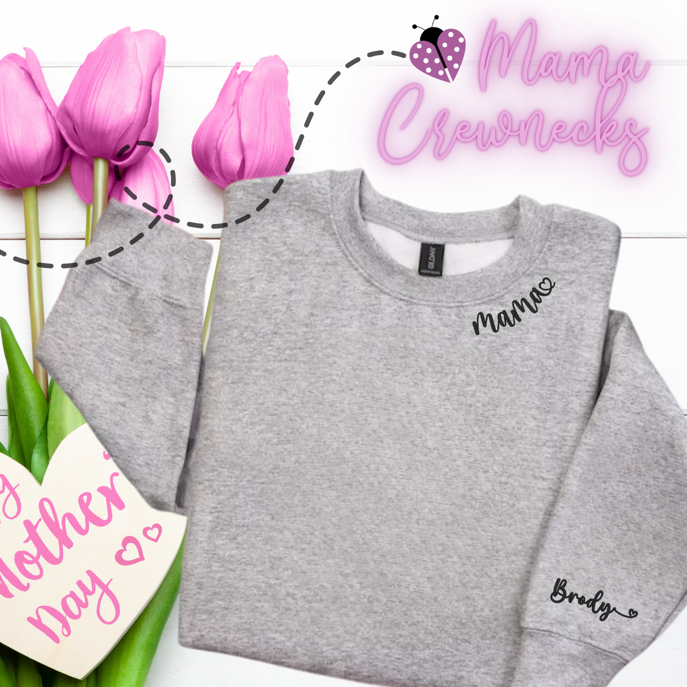 Embroidered MAMA Neckline Sweatshirt with Names On Sleeve - Gildan