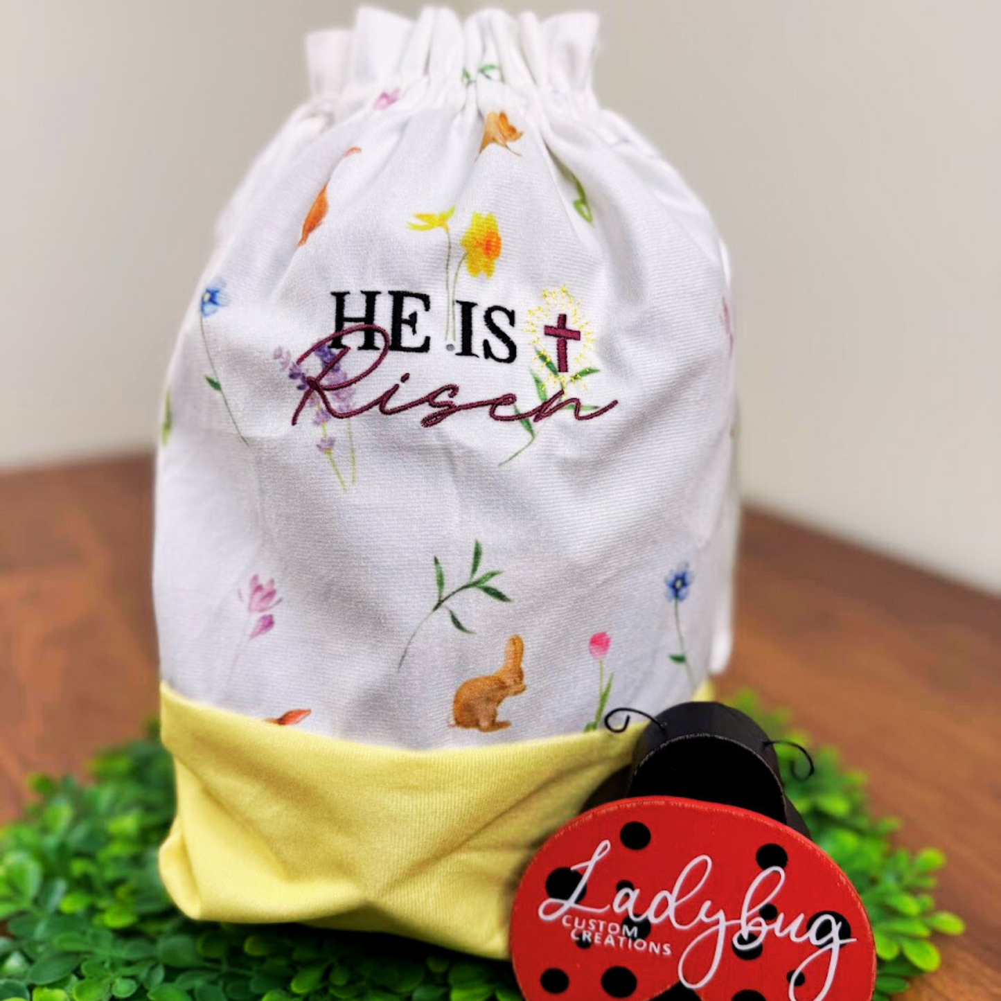 Embroidered He Is Risen Drawstring Easter Bags