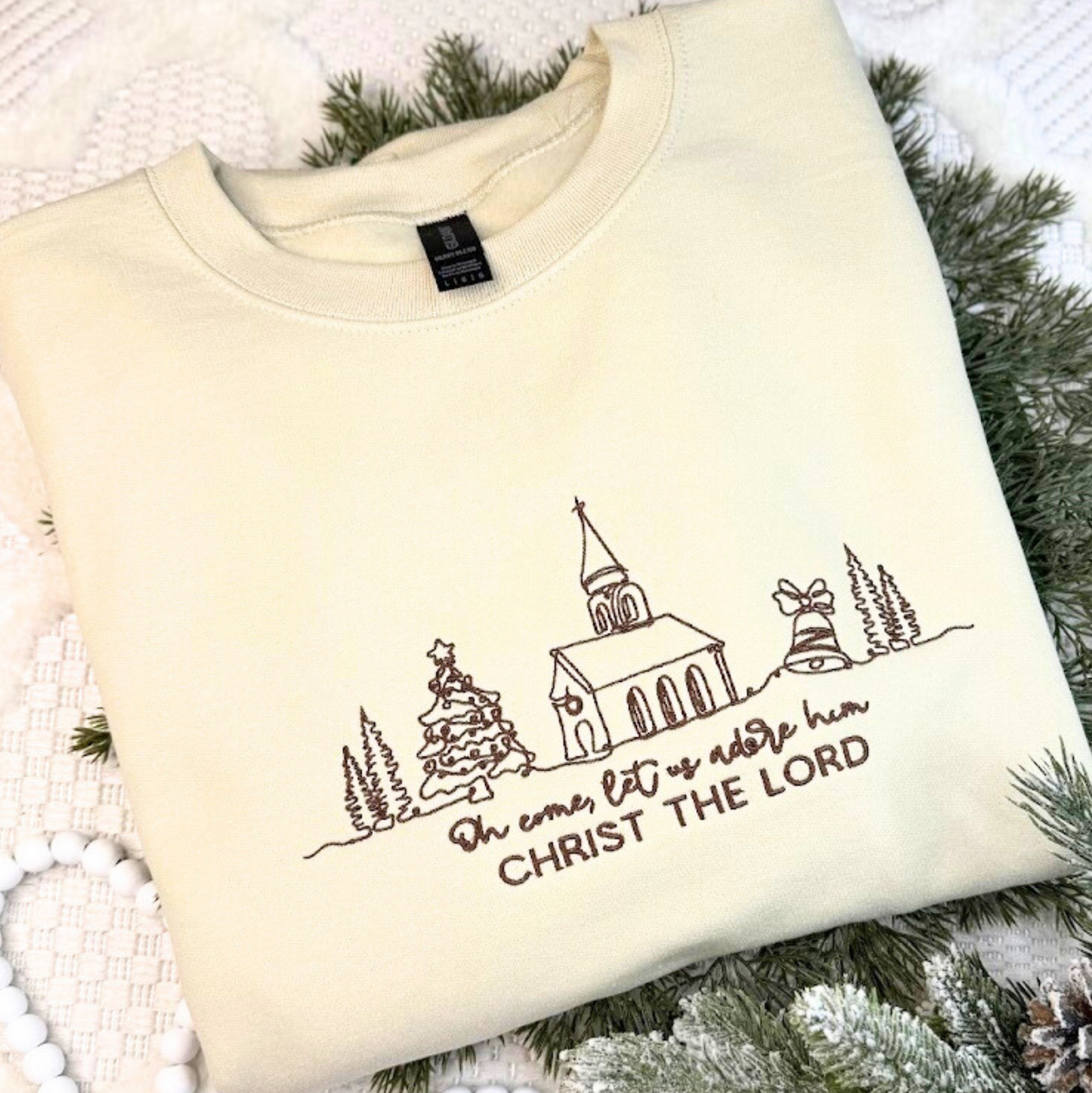 oh come let us adore him
christian christmas
religious sweatshirt
embroidered christian
christ the lord shirt
snowy church sweatshirt
faith apparel
winter church scene
christian gift for her
holiday church sweatshirt
jesus christmas crewneck
gildan embroidered
christian winter clothing