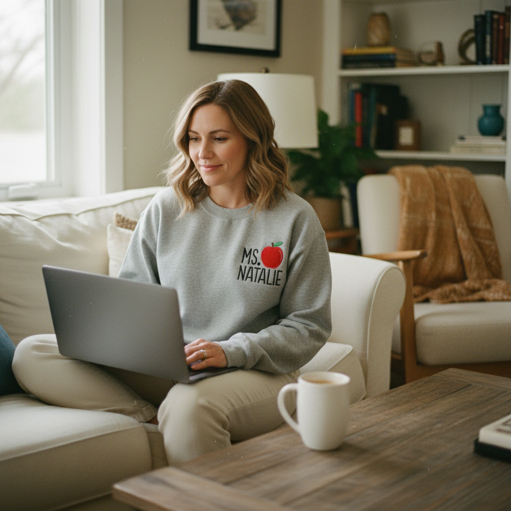 Embroidered Teacher Name Crewneck with Apple