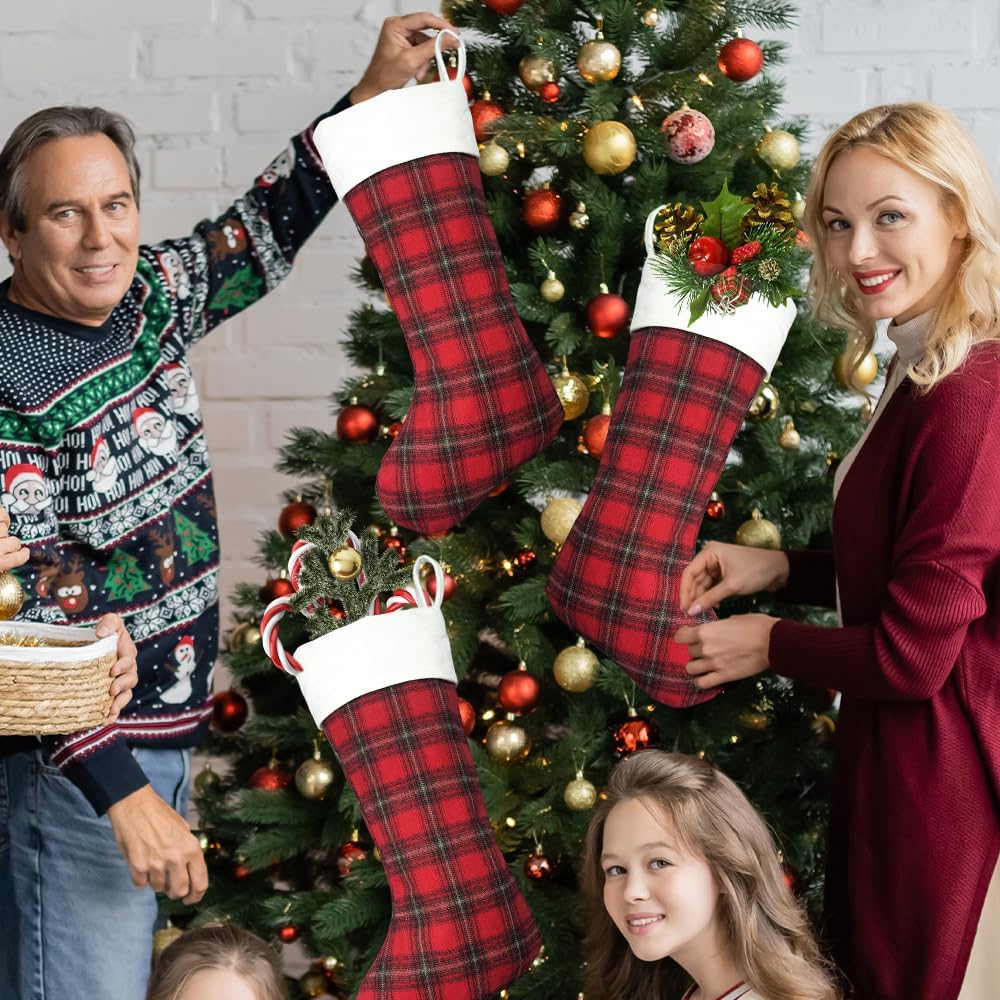 Red Plaid with White Cuff Personalized Christmas Stocking - Embroidered