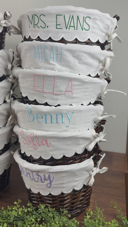Personalized Embroidered Wicker Easter Basket - with Scallop Linen Liner